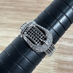 Sterling Silver 925 Rhinestone Black Clear Belt Buckle Ring Size 8.5 - 5 Grams